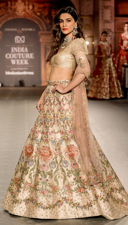 Kriti Sanon in a Muted Beige Raw Silk Lehenga Inspired by 17th Century Frescos