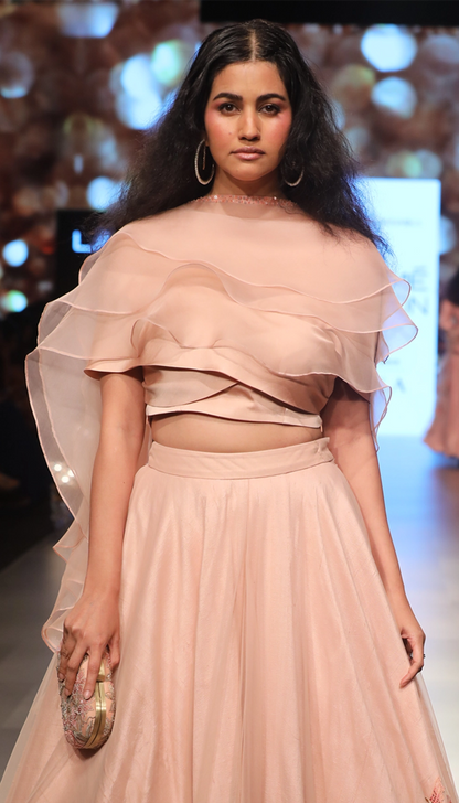 Blush Pink Asymmetrical Tulle Lehenga