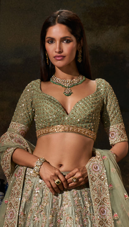 Fennel Green Raw Silk Lehenga