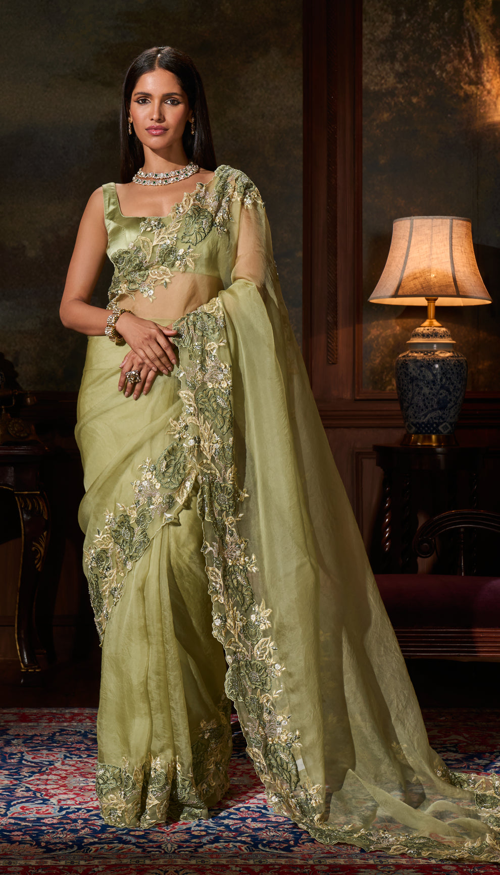 Olive Green Organza Saree