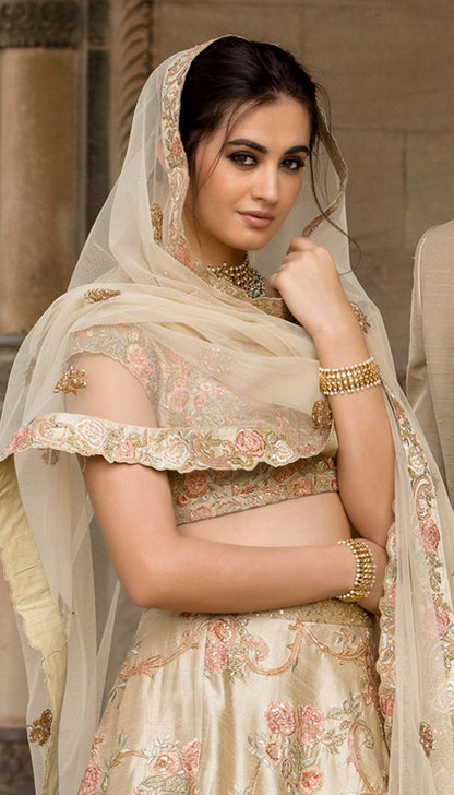 An Almond Beige Raw Silk Lehenga