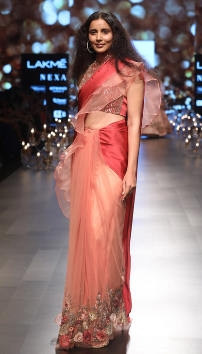 Watermelon Pink Tulle & Satin Saree