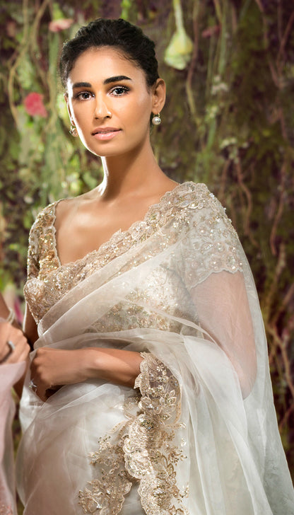 Pristine Ivory Organza Saree with Floral Cutwork Hem