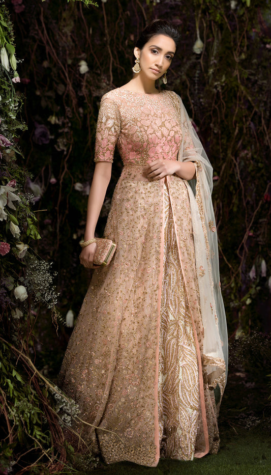 Pink Tulle Jacket with Ivory Sequinned Lehenga