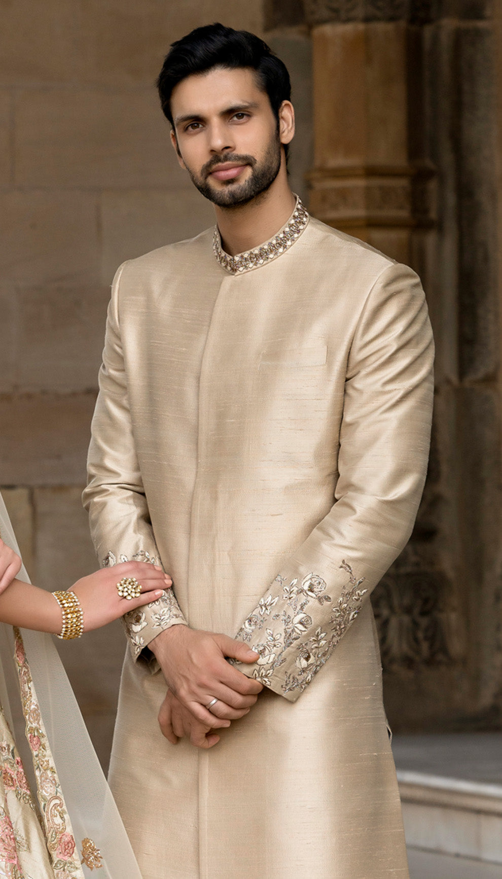 A Classic Muted Cream Raw Silk Sherwani