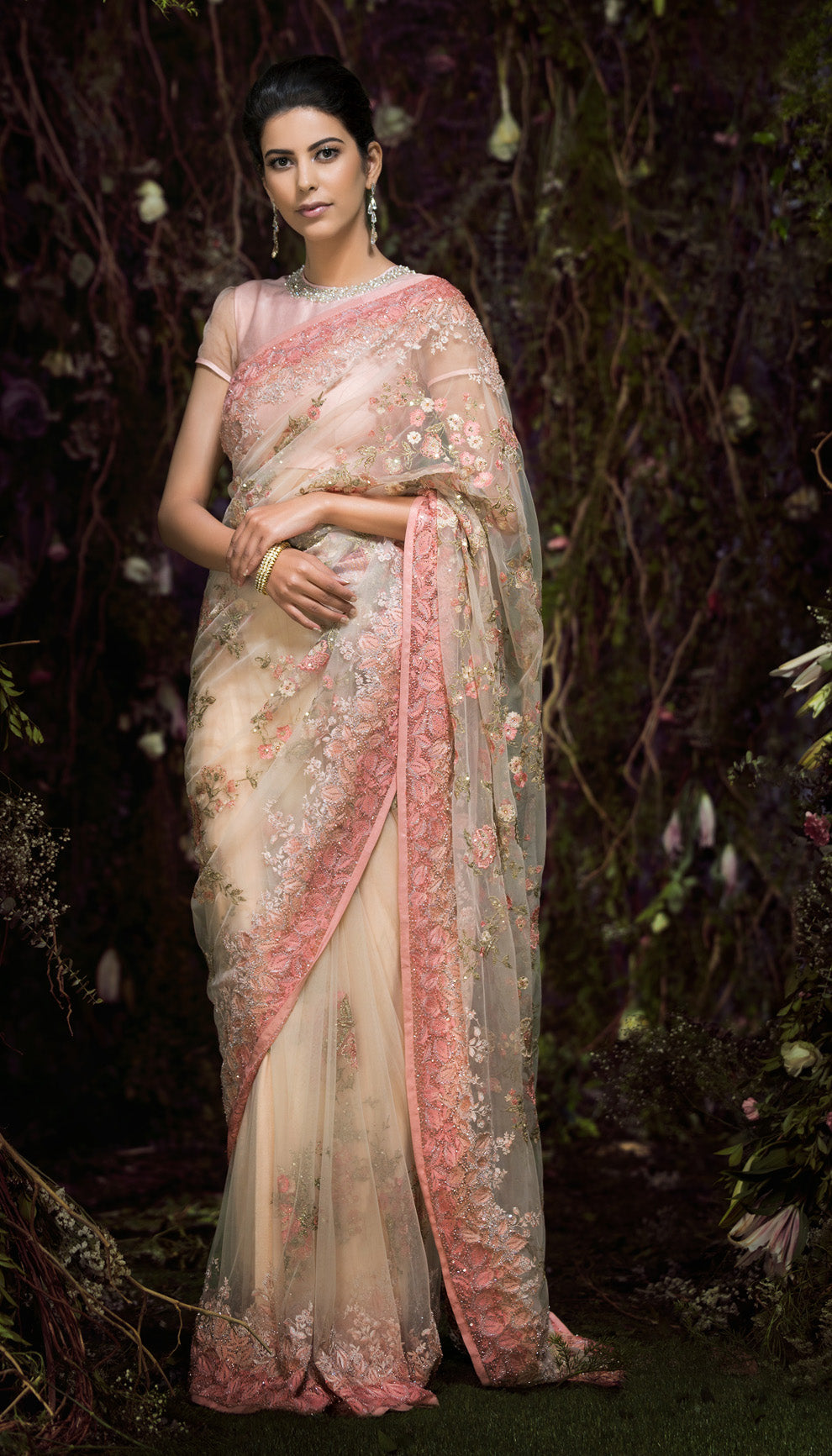 Ivory Tulle Sari with Floral Clusters and Gradient Hem