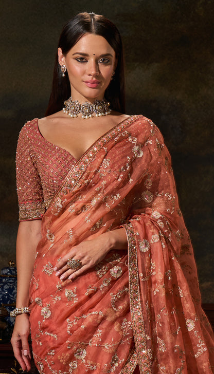 Coral Organza Saree