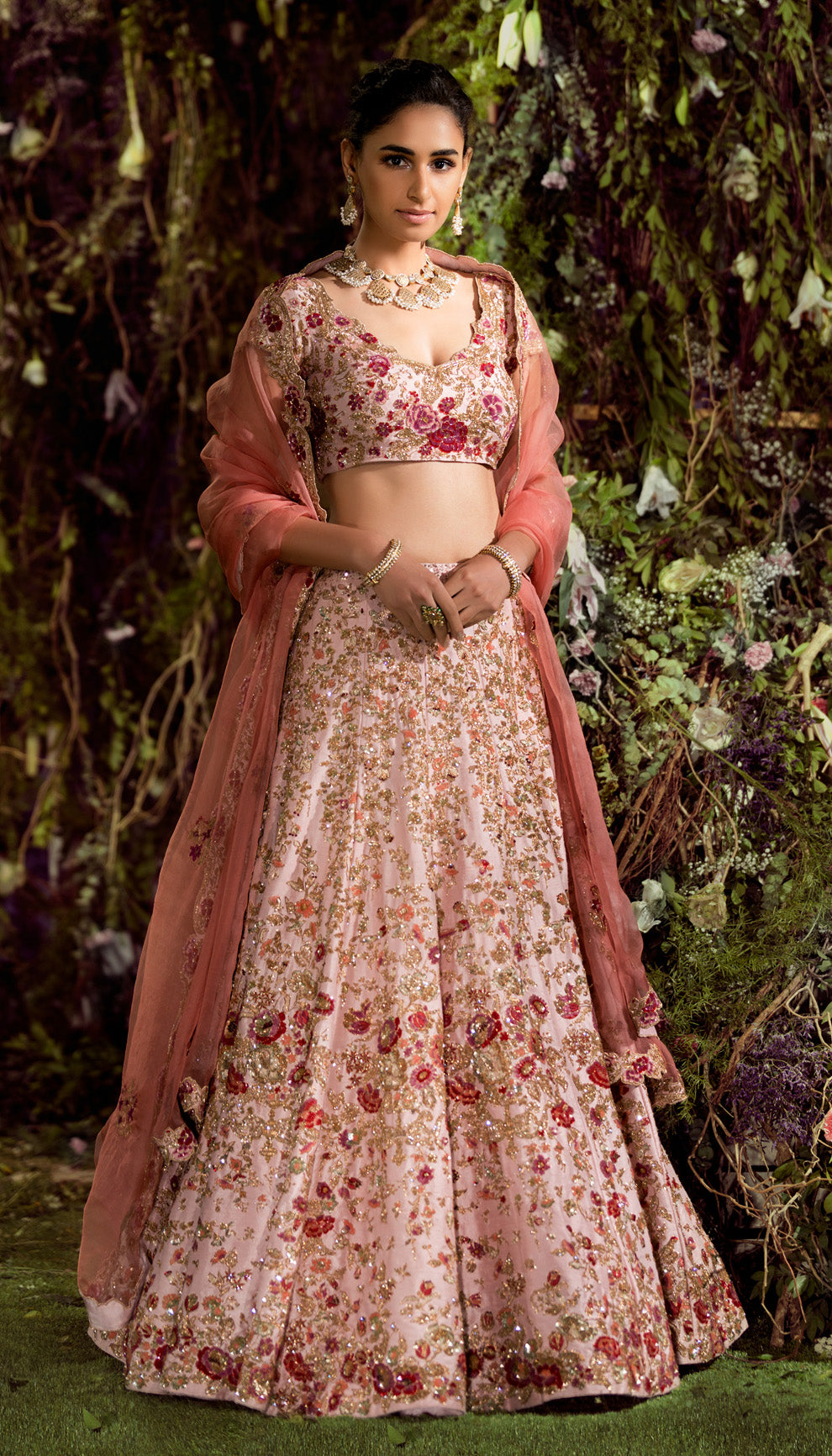 Blush Pink Silk Lehenga with Floral Aari Work