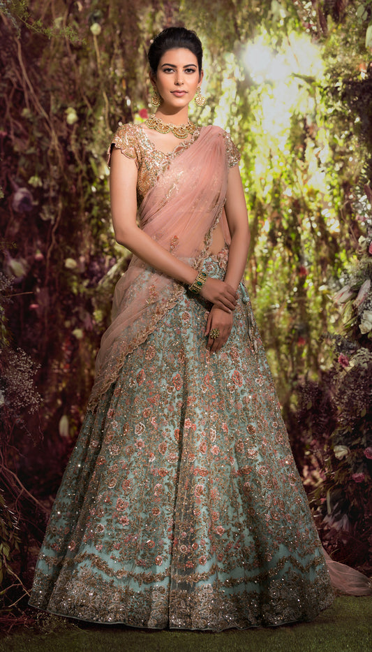 Garden-Inspired Tulle Lehenga with Floral Embroidery