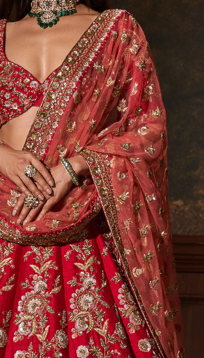 Vintage Red Raw Silk Lehenga