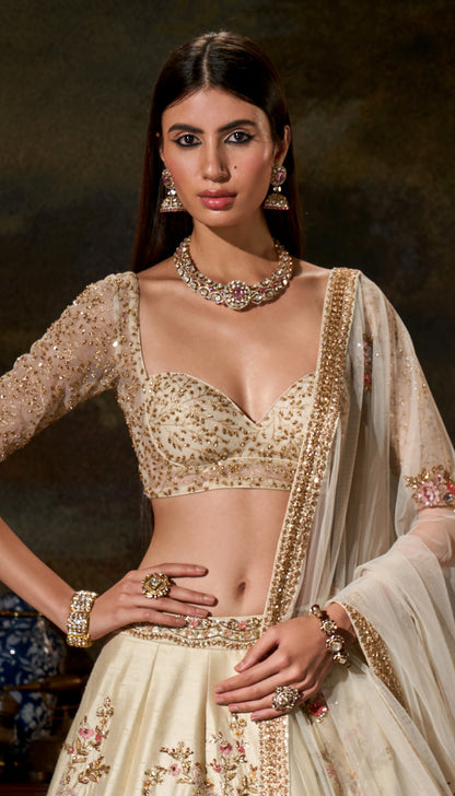 Vintage Ivory Raw Silk Lehenga