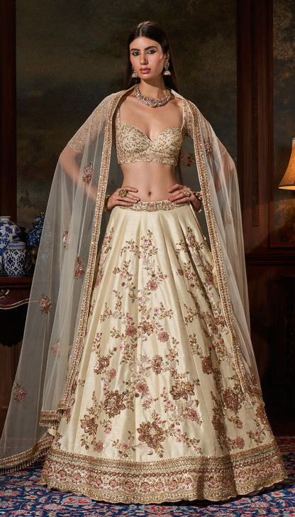 Vintage Ivory Raw Silk Lehenga