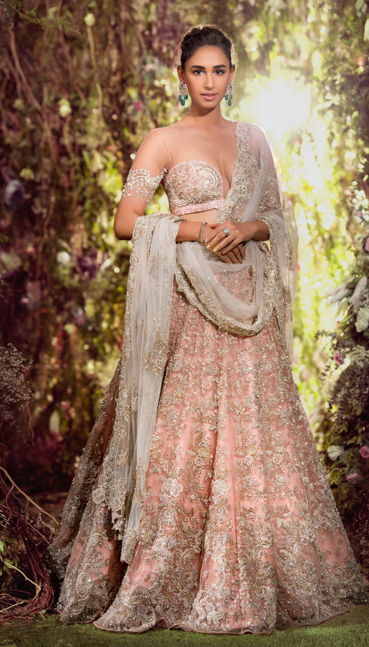 Rose Bouquet Pink Lehenga with Zardozi Embroidery