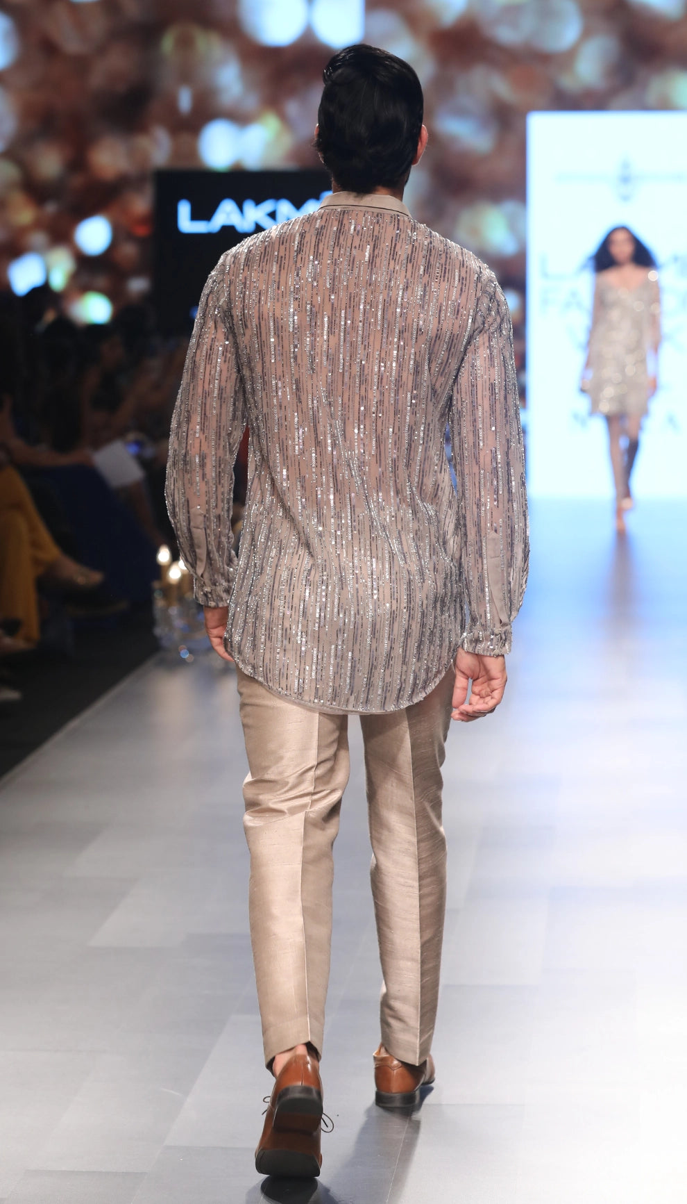 Sequin-Encrusted Grey Tulle Shirt with Raw Silk Trousers