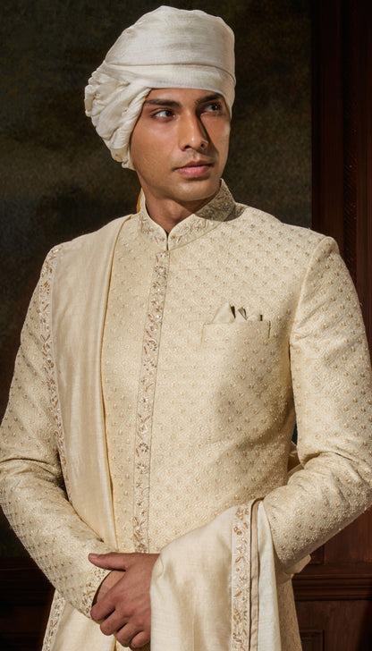 Muted Ivory Raw Silk Sherwani