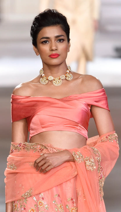 Watermelon Tulle Lehenga with Floral Embroidery