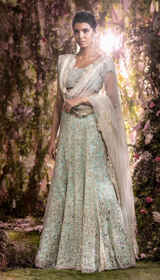 Sky Blue Tulle Lehenga with Intricate Zardozi Embroidery