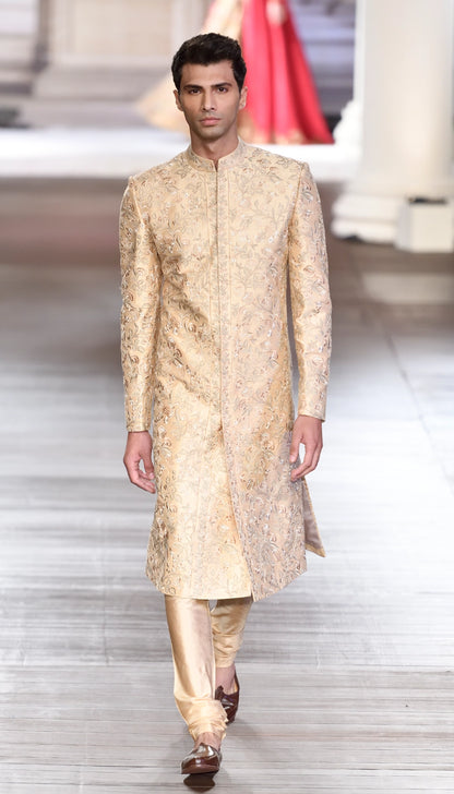 Beige Raw Silk Sherwani with Intricate Floral Thread Embroidery