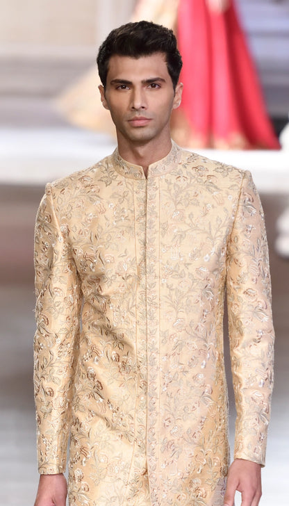 Beige Raw Silk Sherwani with Intricate Floral Thread Embroidery