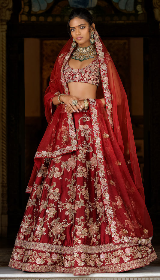 A Red Wine Phool Zameen Lehenga