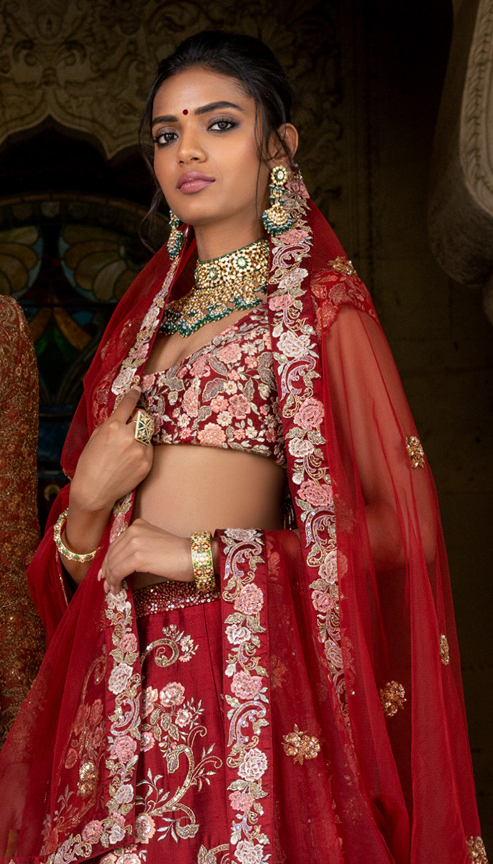 A Red Wine Phool Zameen Lehenga