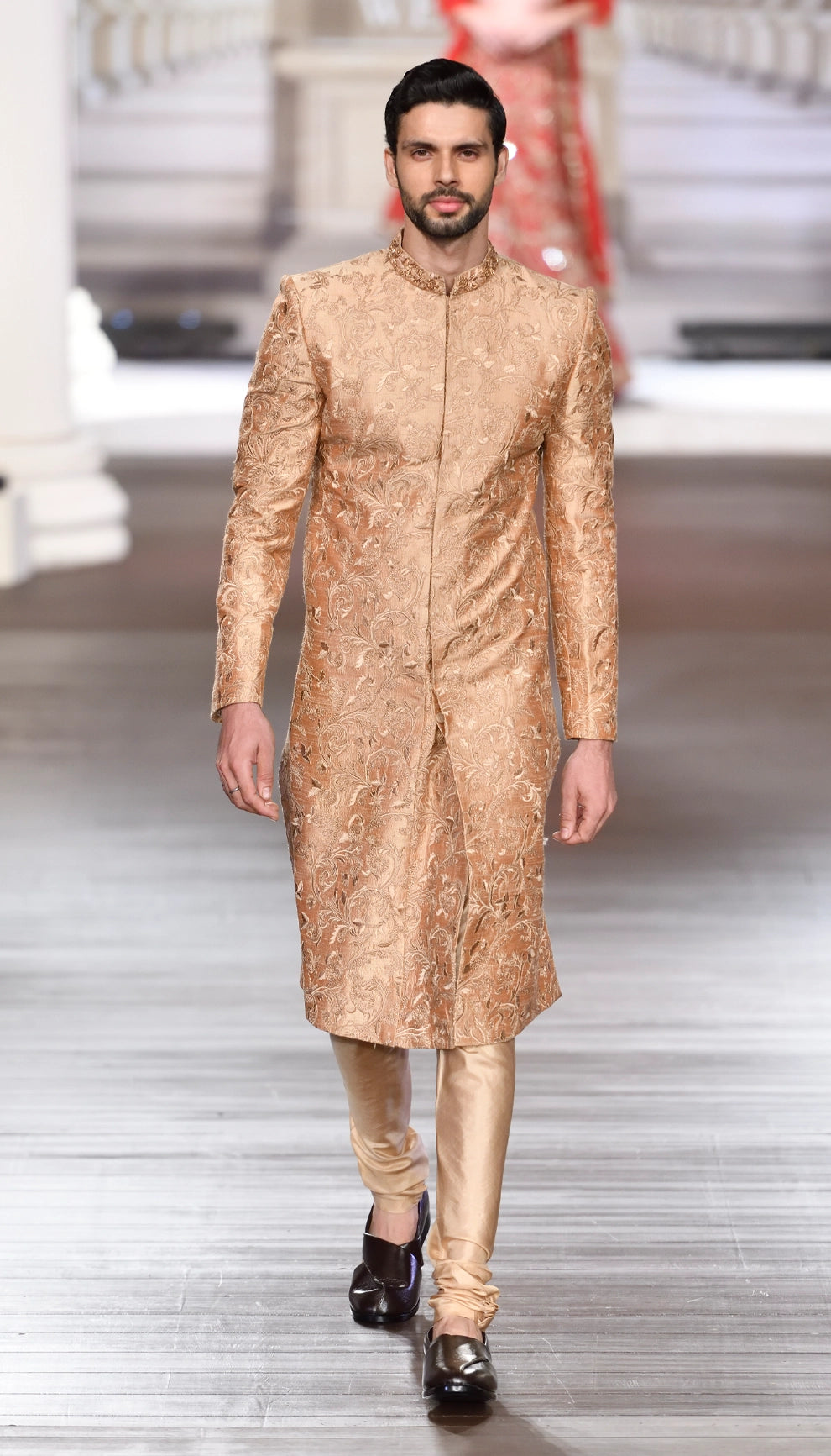 Vintage Beige Raw Silk Sherwani with Floral Thread Embroidery