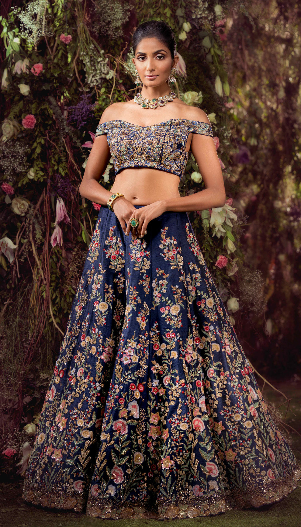 Deep Blue Raw Silk Panelled Lehenga