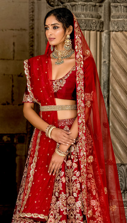 17th Century-Inspired Maroon Lehenga with Mogul Butta Embroidery