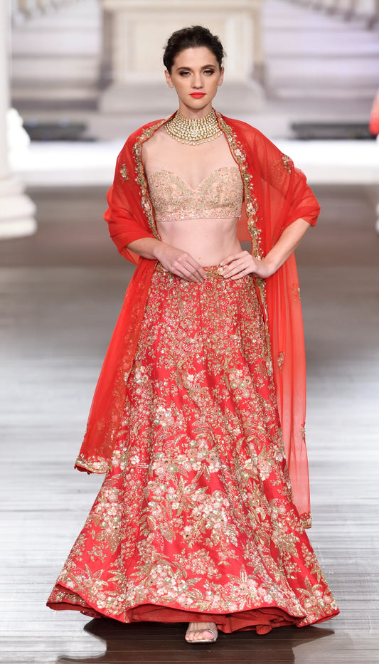 Cherry Red Raw Silk Lehenga