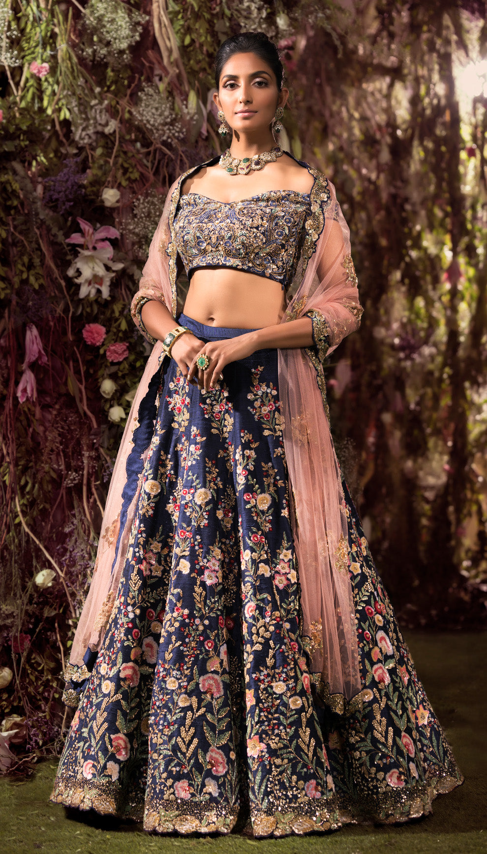 Deep Blue Raw Silk Panelled Lehenga