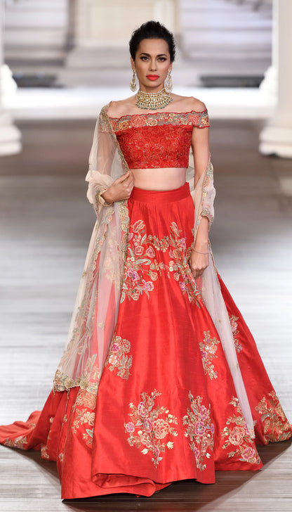 Red Raw Silk Trail Lehenga