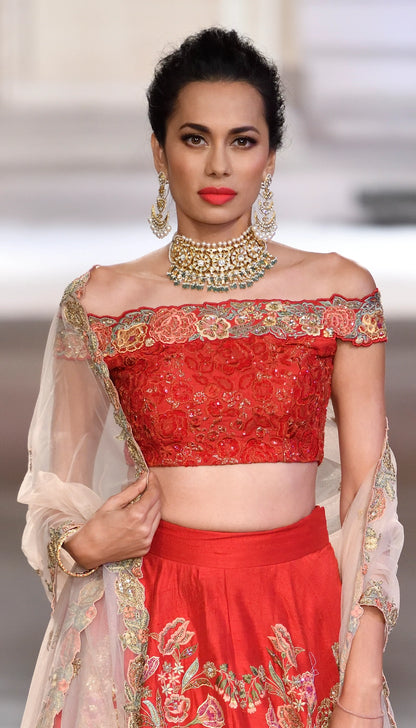 Red Raw Silk Trail Lehenga