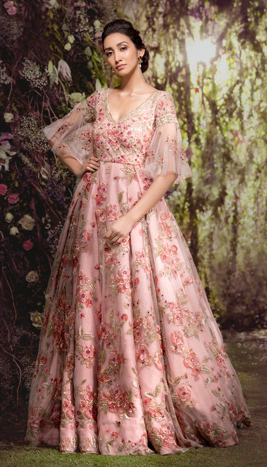 Blush Pink Tulle Gown with Dusty Rose Embroidery