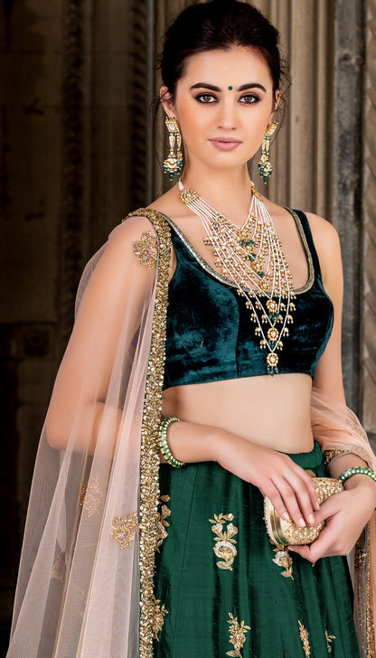 Emerald Raw Silk Lehenga with Vintage Rose Embroidery & Velvet Blouse