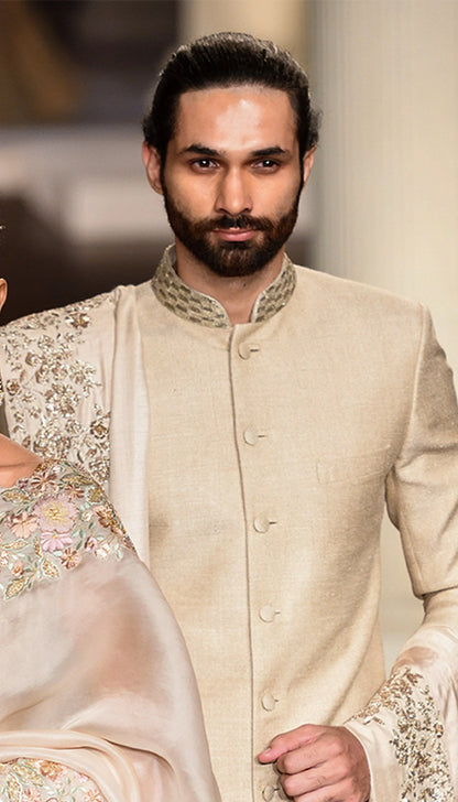 Muted Ivory Matka Silk Sherwani