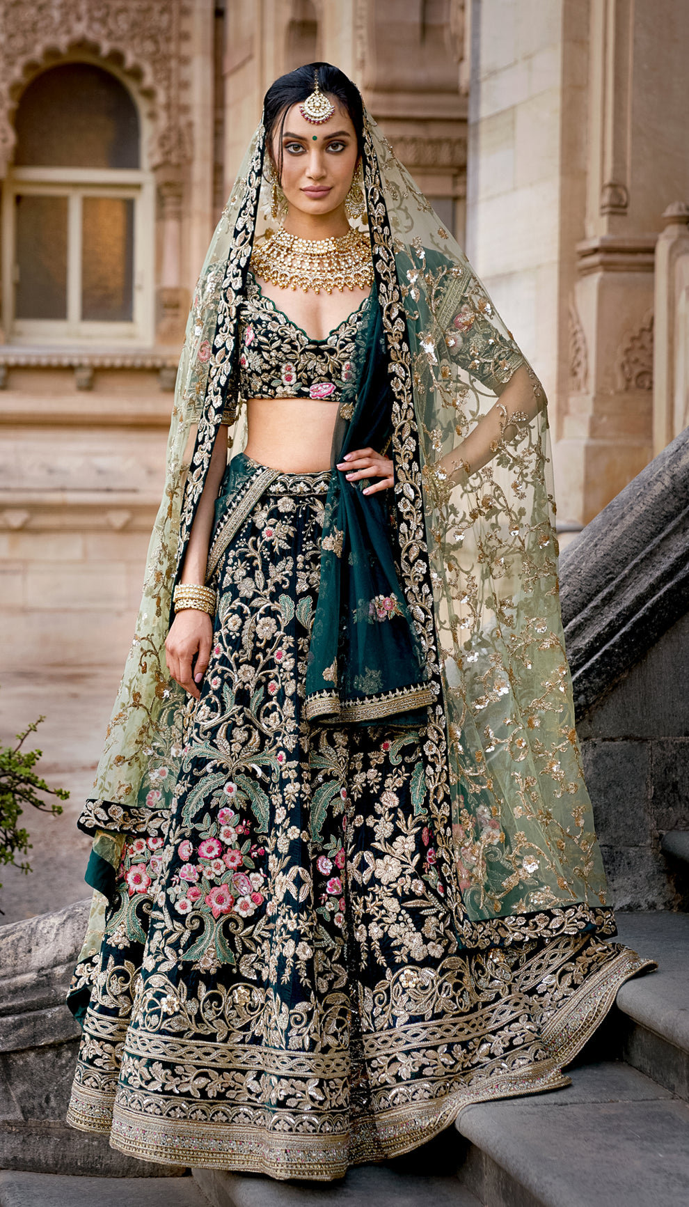 Rich Green Velvet Lehenga with Gilded Zardosi Jaal & Gujarat Haveli-Inspired Embroidery