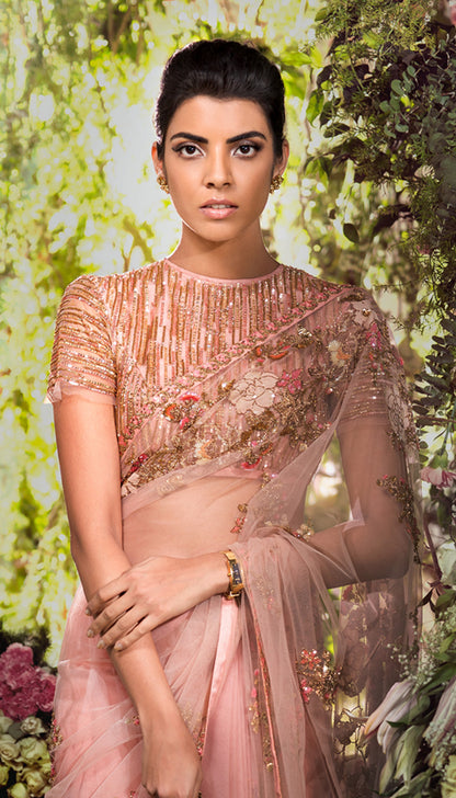 Embroidered Pink Tulle Sari with Sequined Blouse