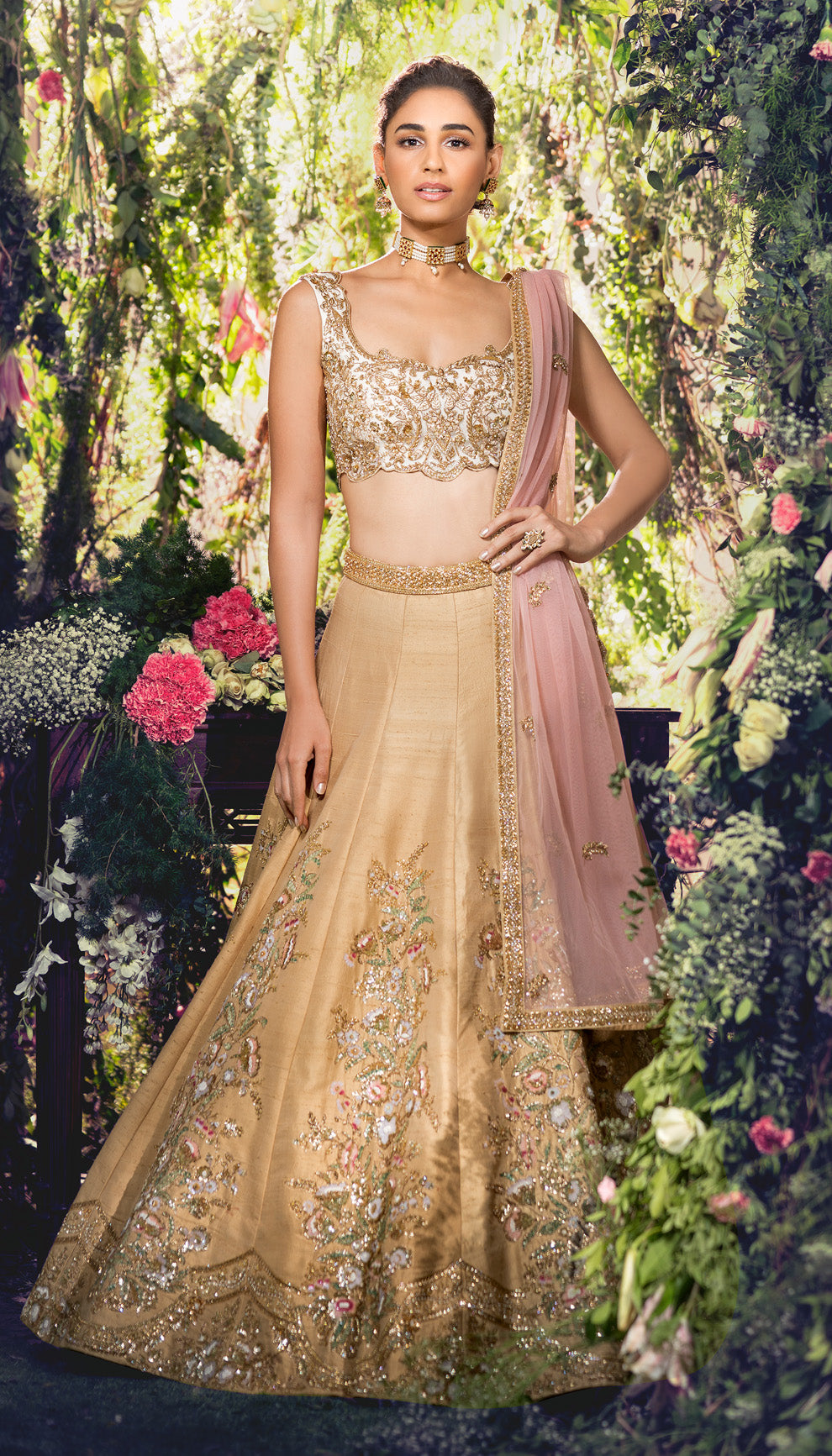 Champagne Raw Silk Panelled Lehenga with Floral Embroidery