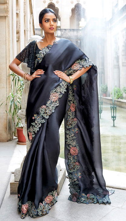 Black Organza Saree with Multi-Colored Wildflower Resham Border