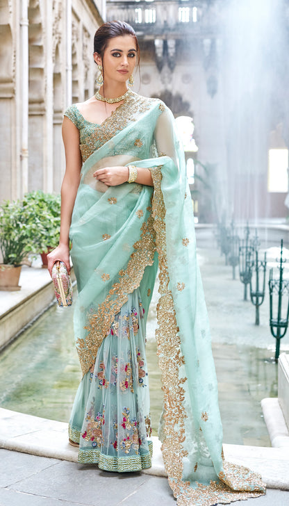 Mint Organza Saree with Delicate Peeta Embroidery and Coral Rosettes