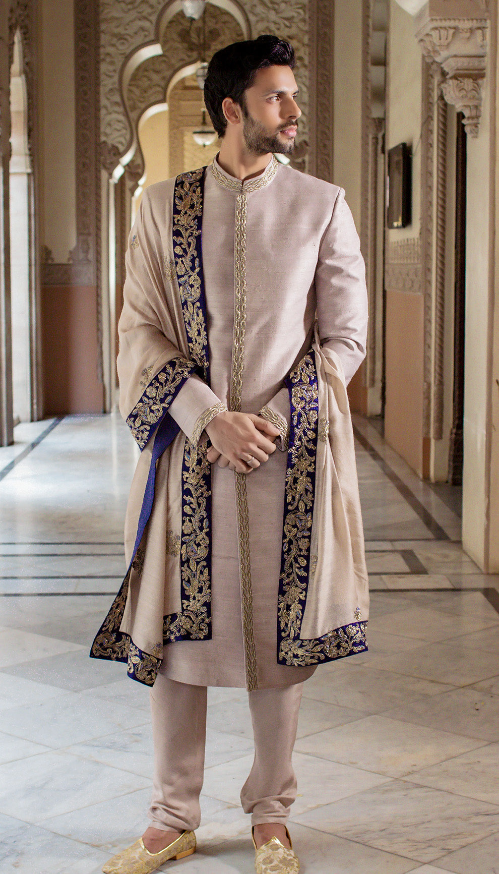 Dusty Grey Raw Silk Sherwani with Rose Gold Zardosi & Tassar Silk Shawl