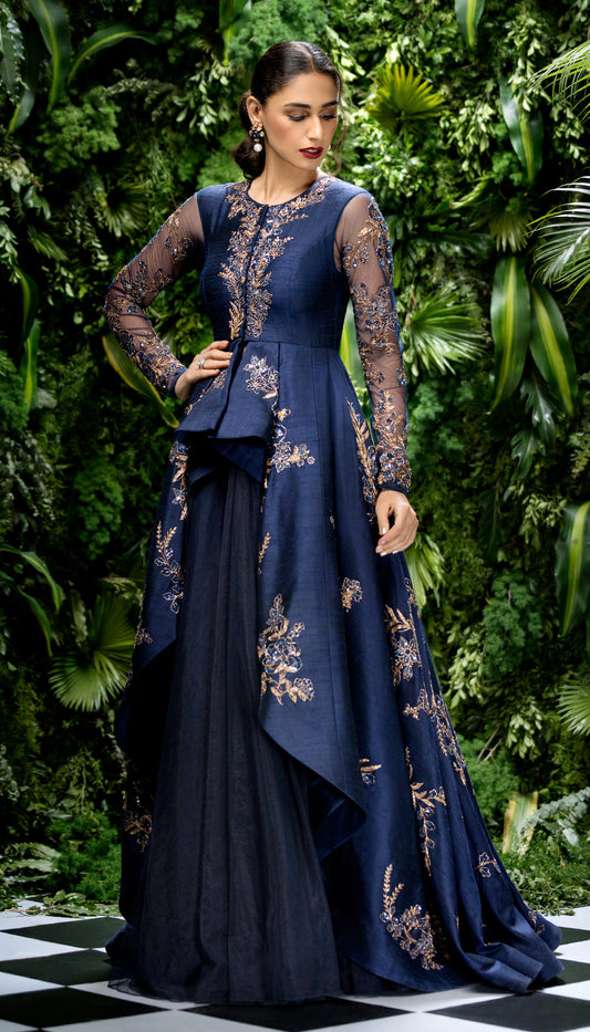 Deep Blue Raw Silk Jacket with Sheer Sleeves and Tulle Lehenga