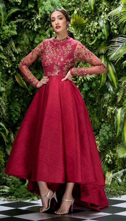 Raspberry Raw Silk Asymmetrical Gown