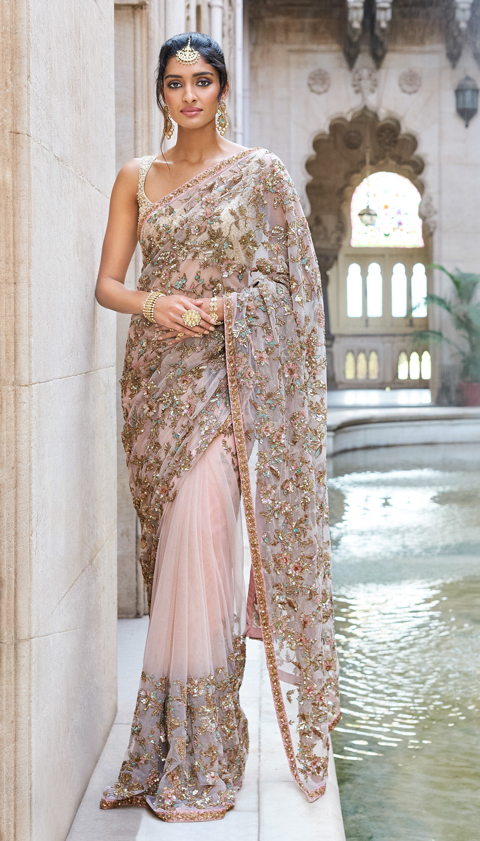 Blush Pink Tulle Saree with Watercolor Sequins & Peeta Embroidery