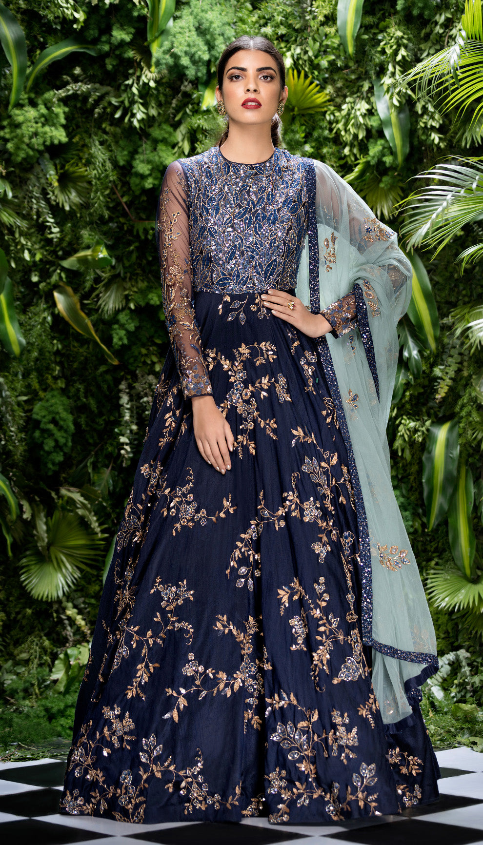 Versatile Navy Blue Raw Silk Gown with Tulle Dupatta