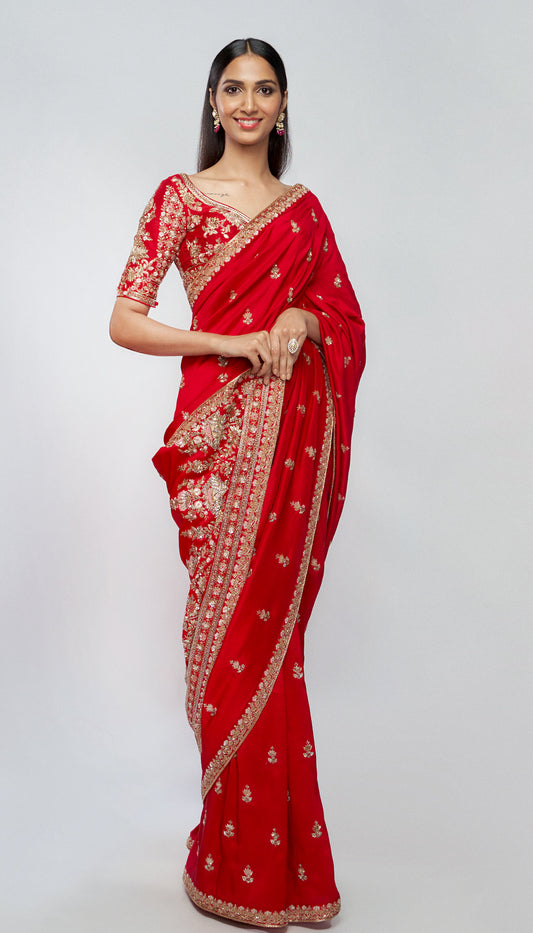 A Cherry Red Dupion Silk Saree