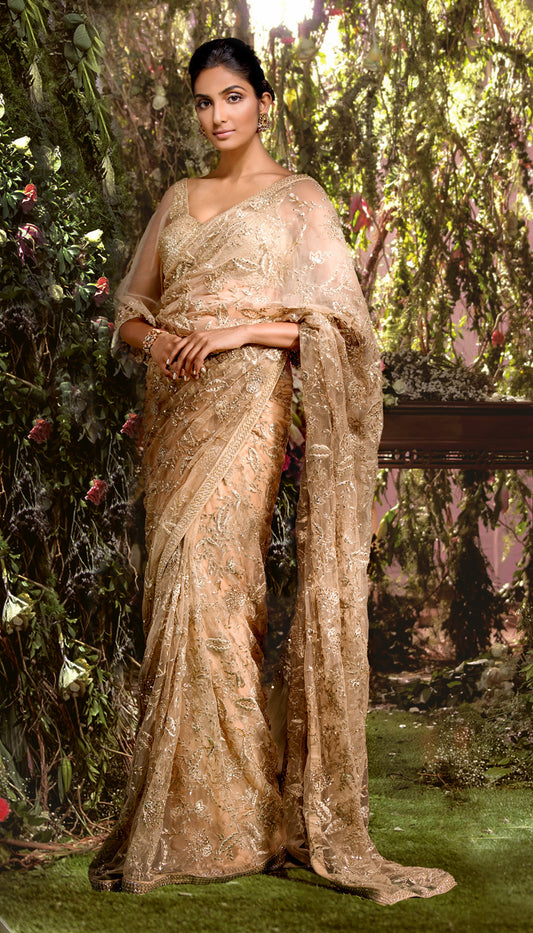 A champagne tulle Saree with a delicate floral jaal