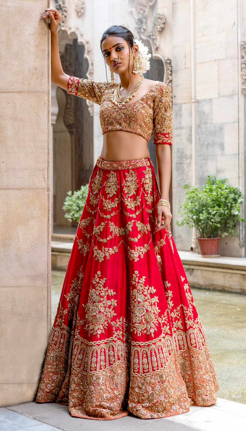 Zameen Tara Lehenga: Sindoor Red with Badla Taar Zardosi & Vintage Rose Bouquets