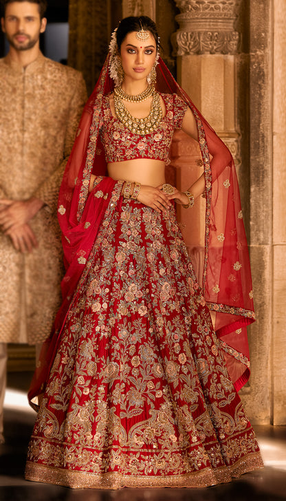 Velvet Bouquet Lehenga with Button Roses, French Knots & Taar Zardosi