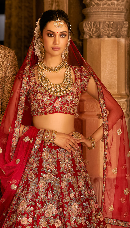 Velvet Bouquet Lehenga with Button Roses, French Knots & Taar Zardosi